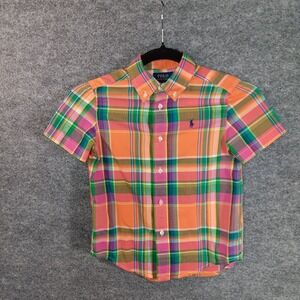 Polo Ralph Lauren Flannel Shirt Orange Plaid Pony Logo Split Pleated Button Down